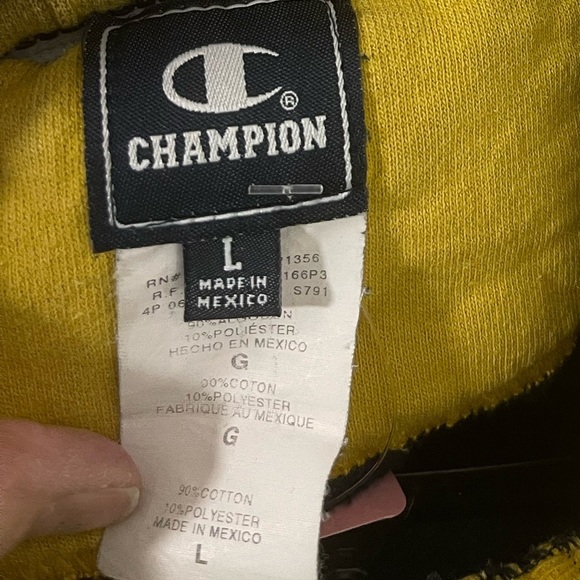 Vintage Caterpillar Champion Men's Navy and Yellow Hoodie - Picture 3 of 4